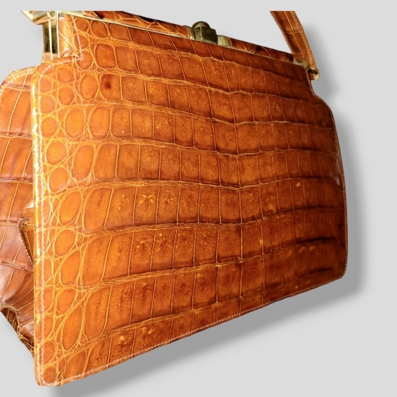 VINTAGE 1950s Industria Argentina Caiman Alligator Leather Purse Cognac Brown - Picture 5 of 17